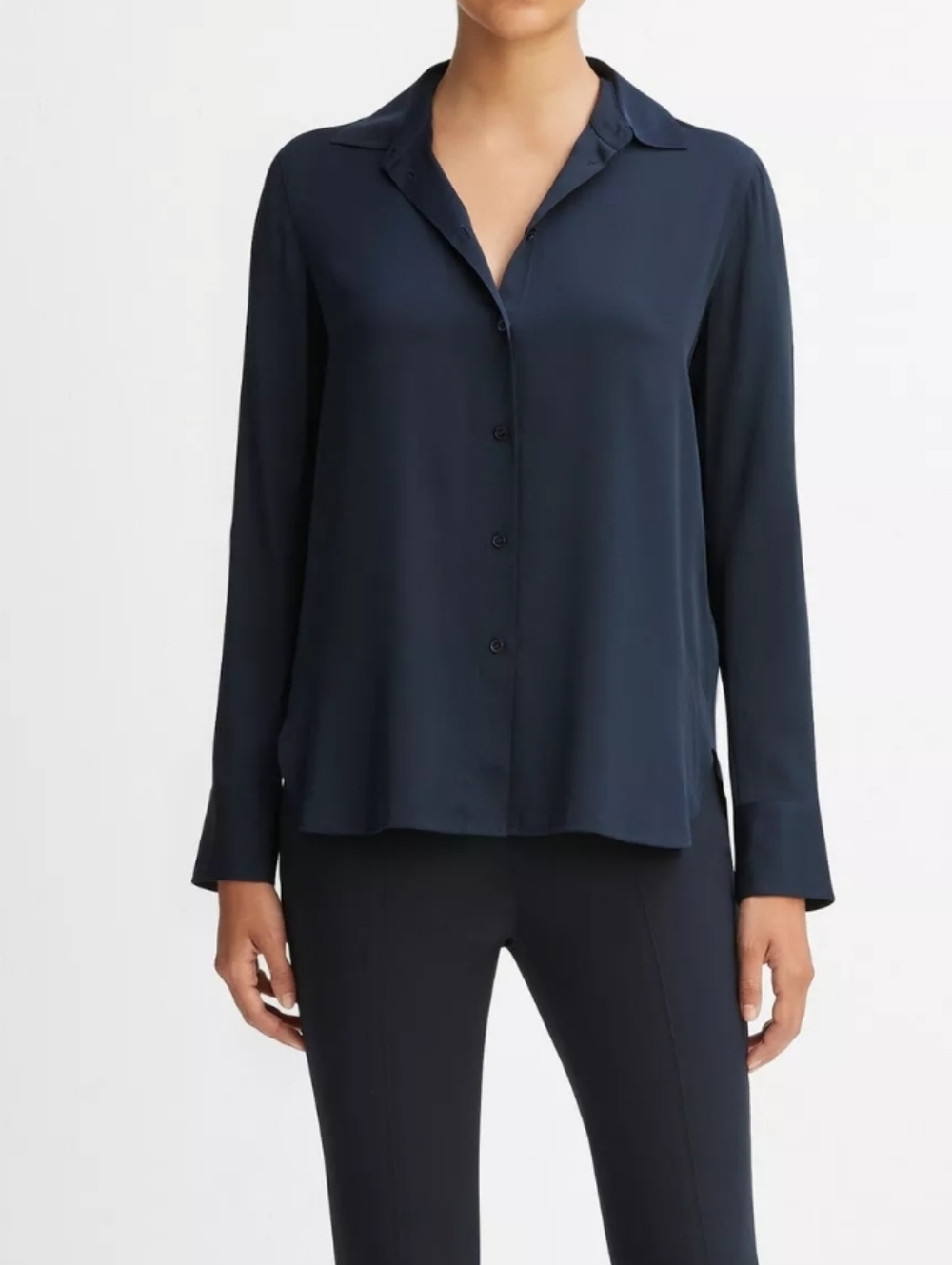 Vince Slim Fitted Stretch Silk Blouse Black M Button Front Crepe de Chine Shirt